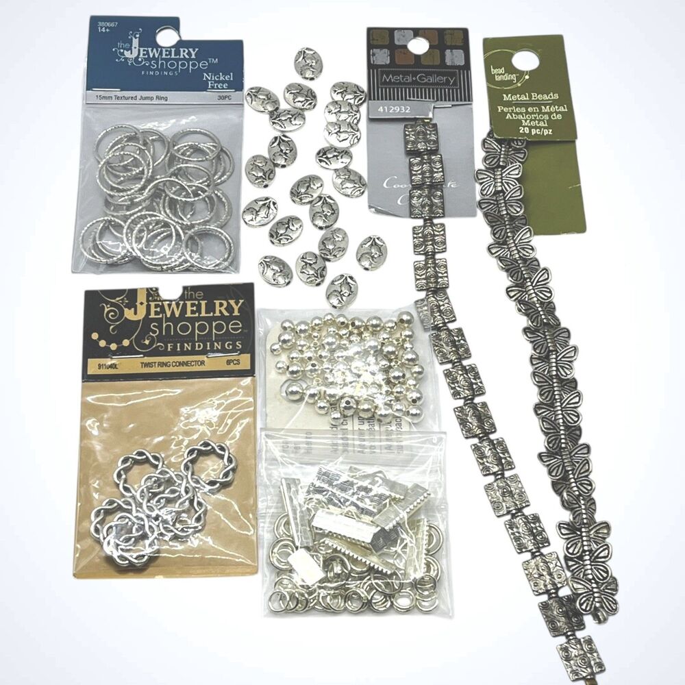 Lot Silver Tone Metal Beads Butterfly Flowers Oval Square Rings Jewelry Supplies